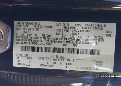 2020 Lincoln Corsair Standard z USA, uszkodzony, nr VIN 5LMCJ1D95LUL27346